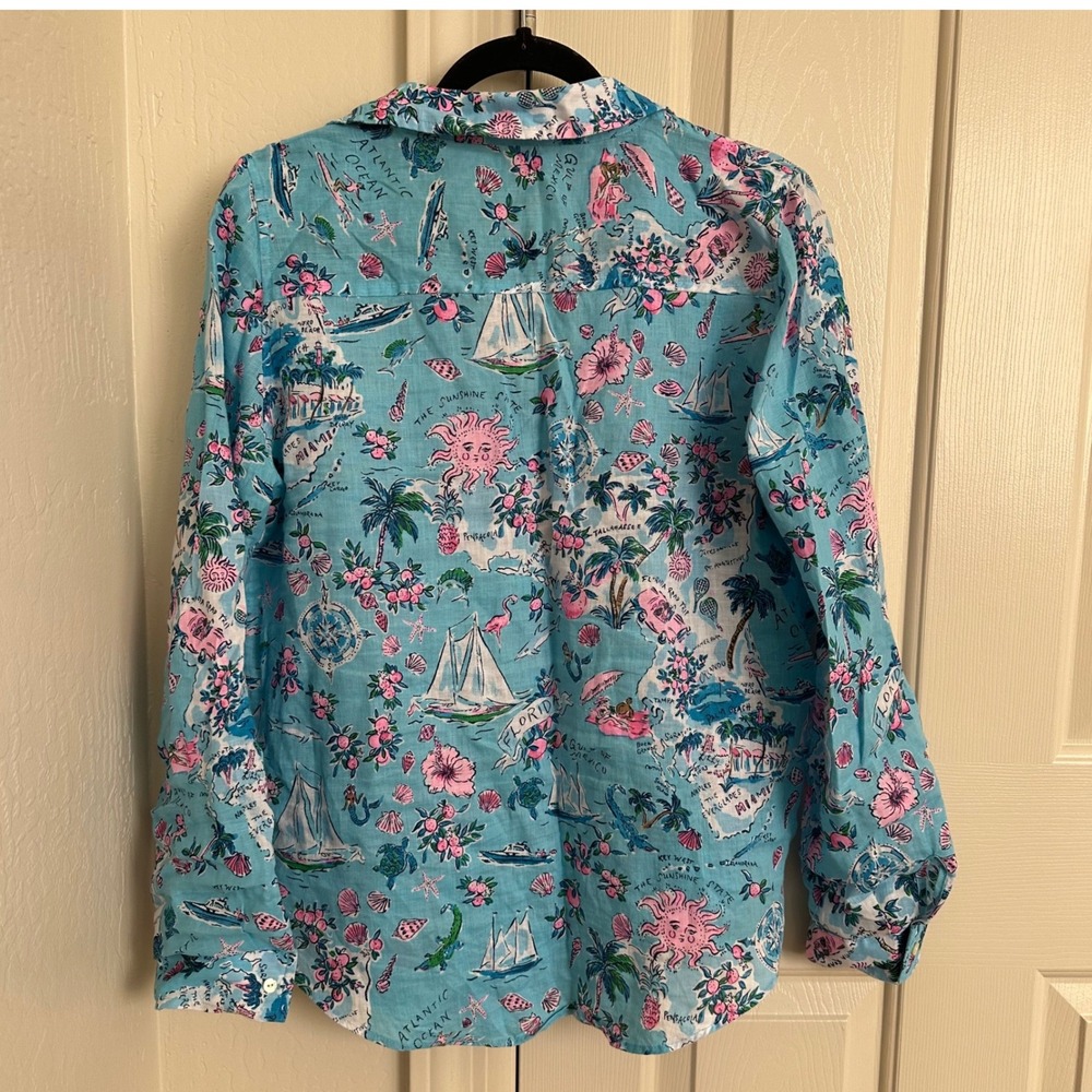 Lilly Pulitzer Floridita Linen Button Down Shirt Florida Map Print Blue Medium - Picture 7 of 8